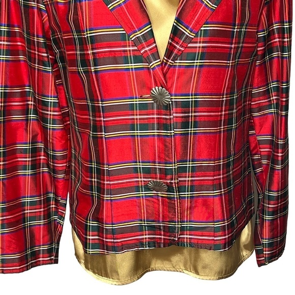 Vintage Painted Pony Red Tartan Plaid Silk Cropped Blazer Chunky Buttons Size 12 - Picture 6 of 16